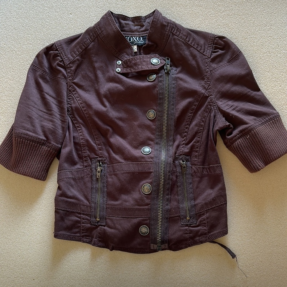 XOXO Cropped Button Up Zipped Brown Jacket (Small) - Picture 2 of 9